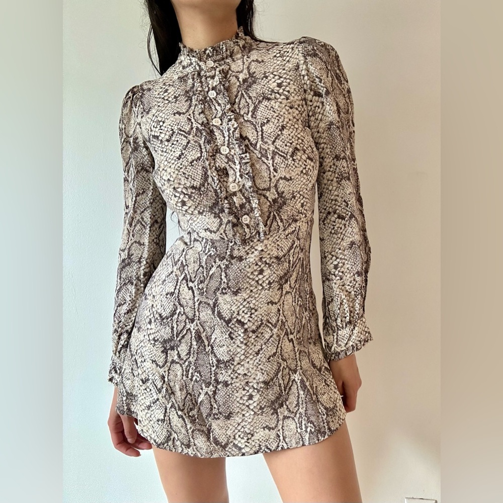 Reformation Beige and Brown Patterned Long Sleeve Dress